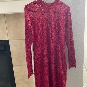 Special occasion red wine floral lace long sleeve dress